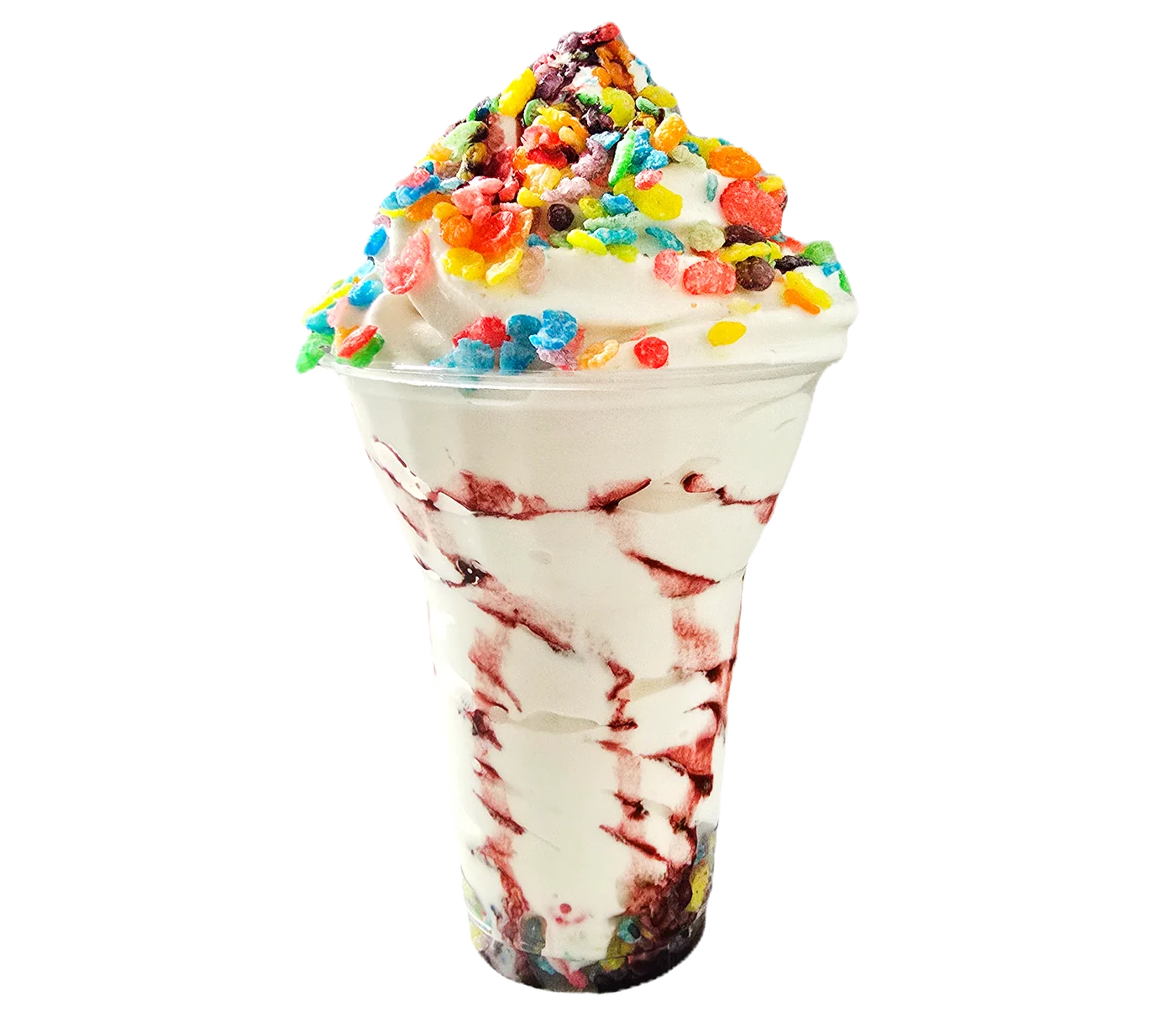 A sundae cup piled with whipped cream and coloured cereal